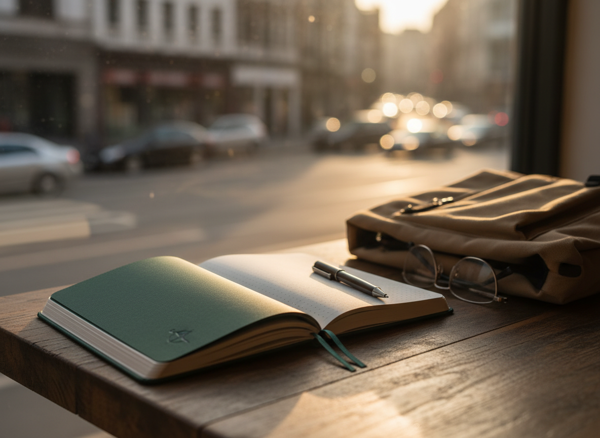 An open travel journal with thick, off-white pages rests on a rustic wooden cafe table beside a canvas backpack and a pair of folded reading glasses. The cover is a deep forest green with a subtle woven texture and a small embossed compass icon, no text. A slim pen lies diagonally across the page, which shows faint dotted guidelines ready for notes and sketches. Outside the window, blurred city lights and passing traffic hint at motion. Warm late-afternoon sunlight streams in, creating golden reflections on the tabletop. The mood is adventurous yet organized, captured in photographic realism from an eye-level angle, with the journal positioned on the rule of thirds and the background softly out of focus to emphasize intention and possibility.