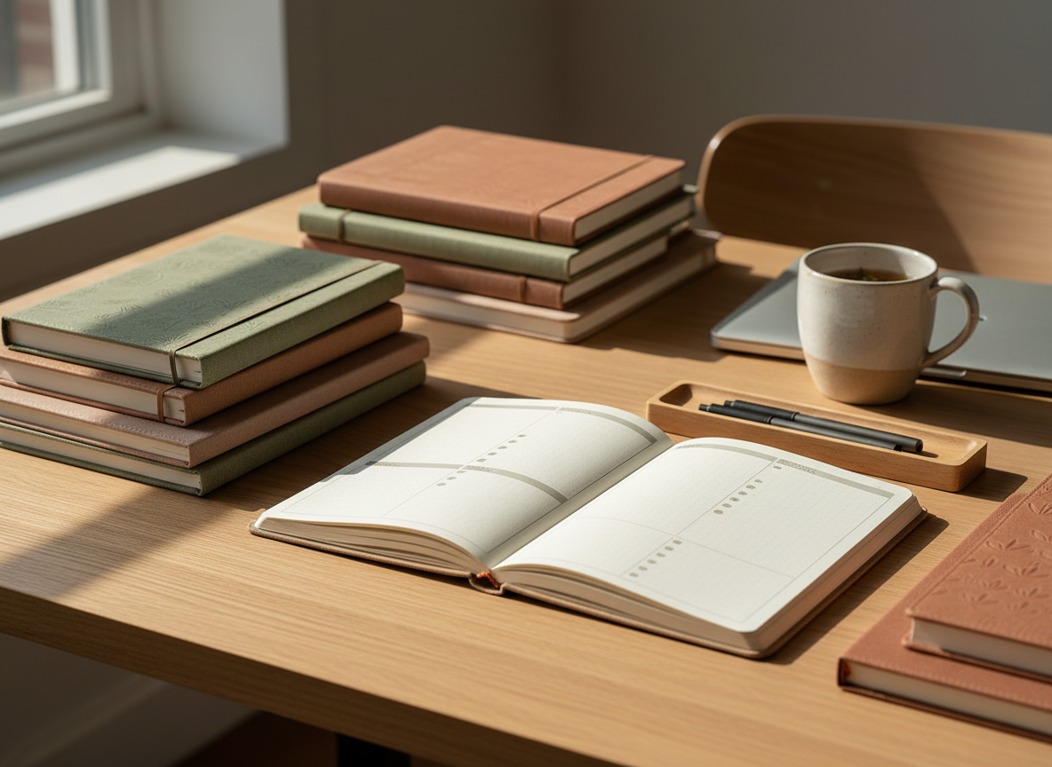 A neatly arranged stack of themed journals and planners lies on a smooth, light oak desk, their linen and faux-leather covers in muted earth tones with subtle embossed patterns instead of text. An open planner in the center reveals blank, softly textured pages with faint grid lines and space for lists. Around it, a closed laptop, a ceramic mug, and a minimal pen tray create a modern home office setting. Soft morning sunlight pours in from an unseen window to the left, casting gentle shadows and a calm, professional atmosphere. Photographic realism, shot from a slightly elevated angle with shallow depth of field, keeping the central planner in crisp focus while the edges fall into a soft, inviting blur.