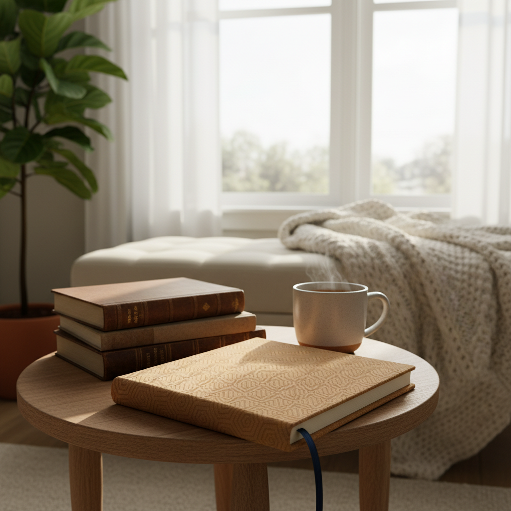 A cozy reading nook scene with a low, upholstered bench beside a tall window, where a small stack of hardcover books and a habits tracker journal sit on a simple side table. The journal’s cover is a warm sand color with a subtle, blind-debossed geometric pattern, no text, and a fabric bookmark ribbon slipping between the pages. A soft-knit throw blanket drapes over the bench, and a potted leafy plant adds organic texture in the background. Late-afternoon natural light filters through sheer curtains, creating dappled highlights on the journal and books. The mood is serene and reflective, emphasizing a balanced, organized lifestyle. Photographic realism, shot from a slightly low angle with the journal in the foreground in sharp focus, and the background gently softened to convey depth and quiet comfort.