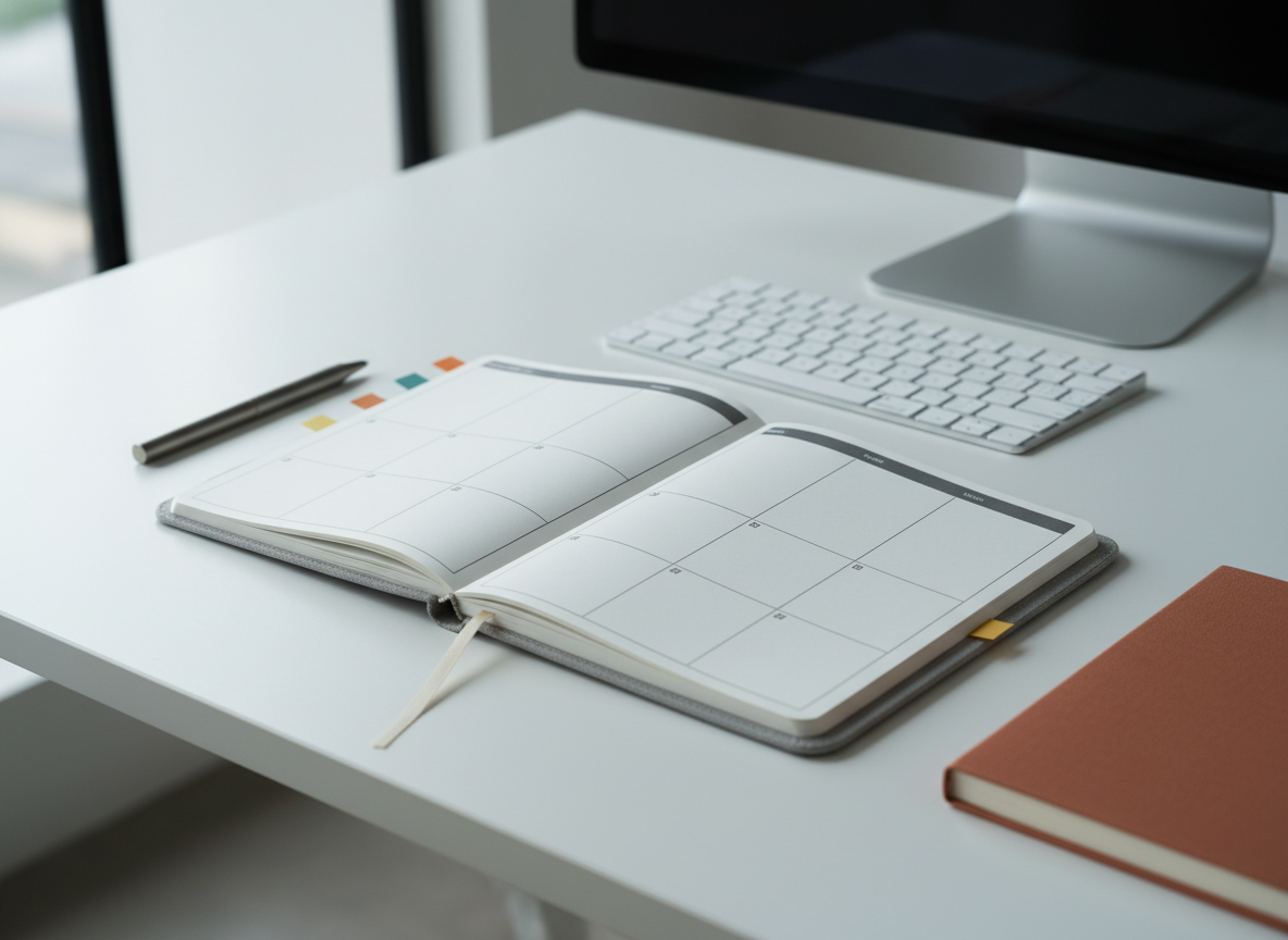 A minimalist workspace scene featuring an undated planner open to a weekly spread, placed at the center of a matte white desk. The planner has a soft grey fabric cover with rounded corners and a slim elastic band pulled aside, no visible lettering. Crisp lines divide the pages into structured blocks. Surrounding it are color-coordinated sticky tabs, a metal pen, and a closed notebook with a textured terracotta cover. A sleek wireless keyboard and monitor stand sit further back, slightly blurred. Cool, diffused daylight from a nearby window evenly illuminates the scene, reducing harsh shadows. The atmosphere is focused and professional, with photographic realism and a clean, modern aesthetic. Shot from a slightly elevated, three-quarter angle, with sharp focus on the planner pages and gentle bokeh toward the back of the desk.